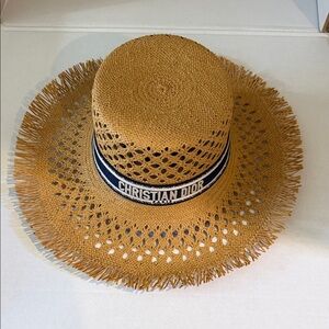 Dior Woven Tan Hat with Navy Accent